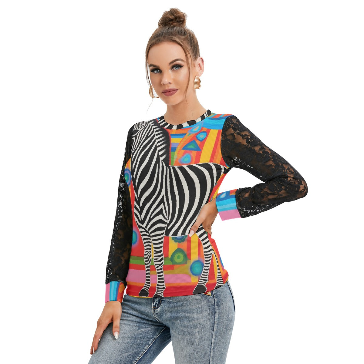 All-Over Print Women's T-shirt And Sleeve With Black Lace
