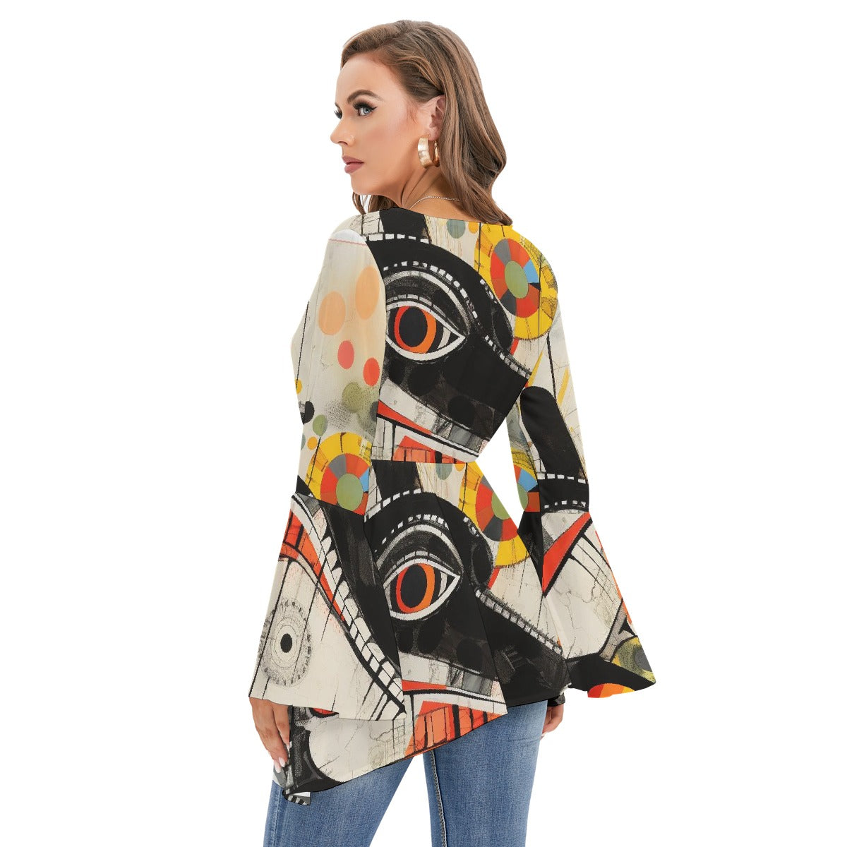 All-Over Print Women's V-neck Blouse With Flared Sleeves