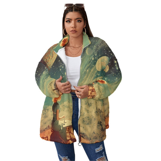 All-Over Print Unisex Borg Fleece Stand-up Collar Coat With Zipper Closure(Plus Size)