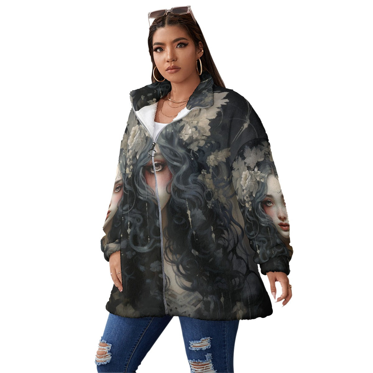 All-Over Print Unisex Borg Fleece Stand-up Collar Coat With Zipper Closure(Plus Size)