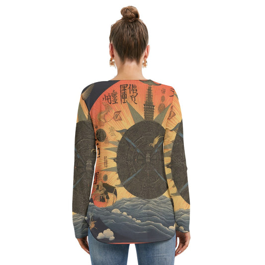 All-Over Print Women's Long Sleeve Neckline Tie Sweatshirt