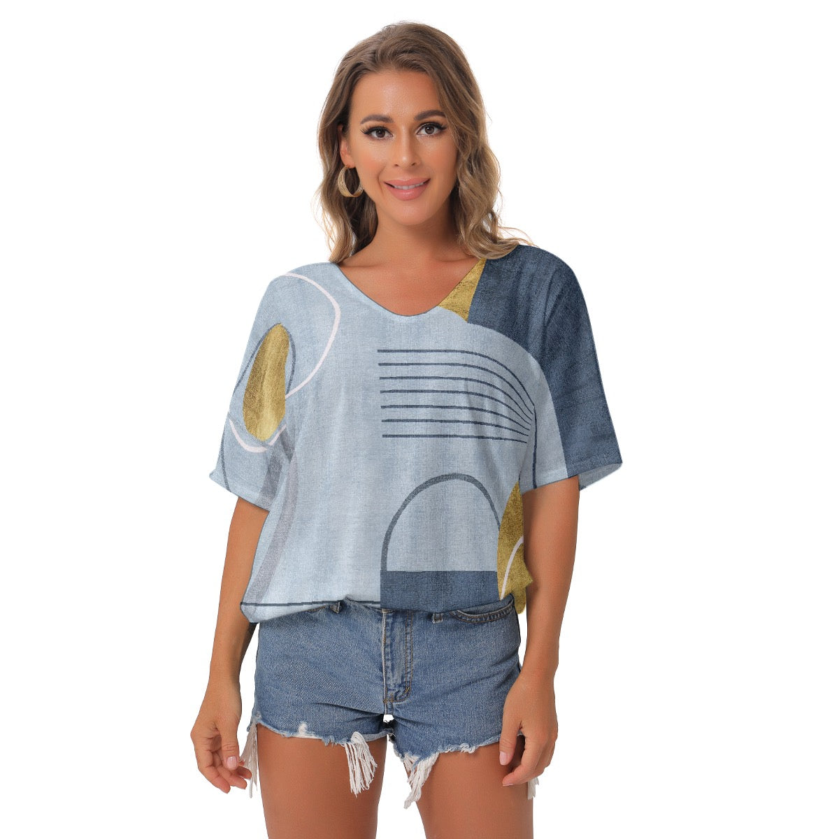 All-Over Print Women's Bat Sleeves V-Neck Blouse