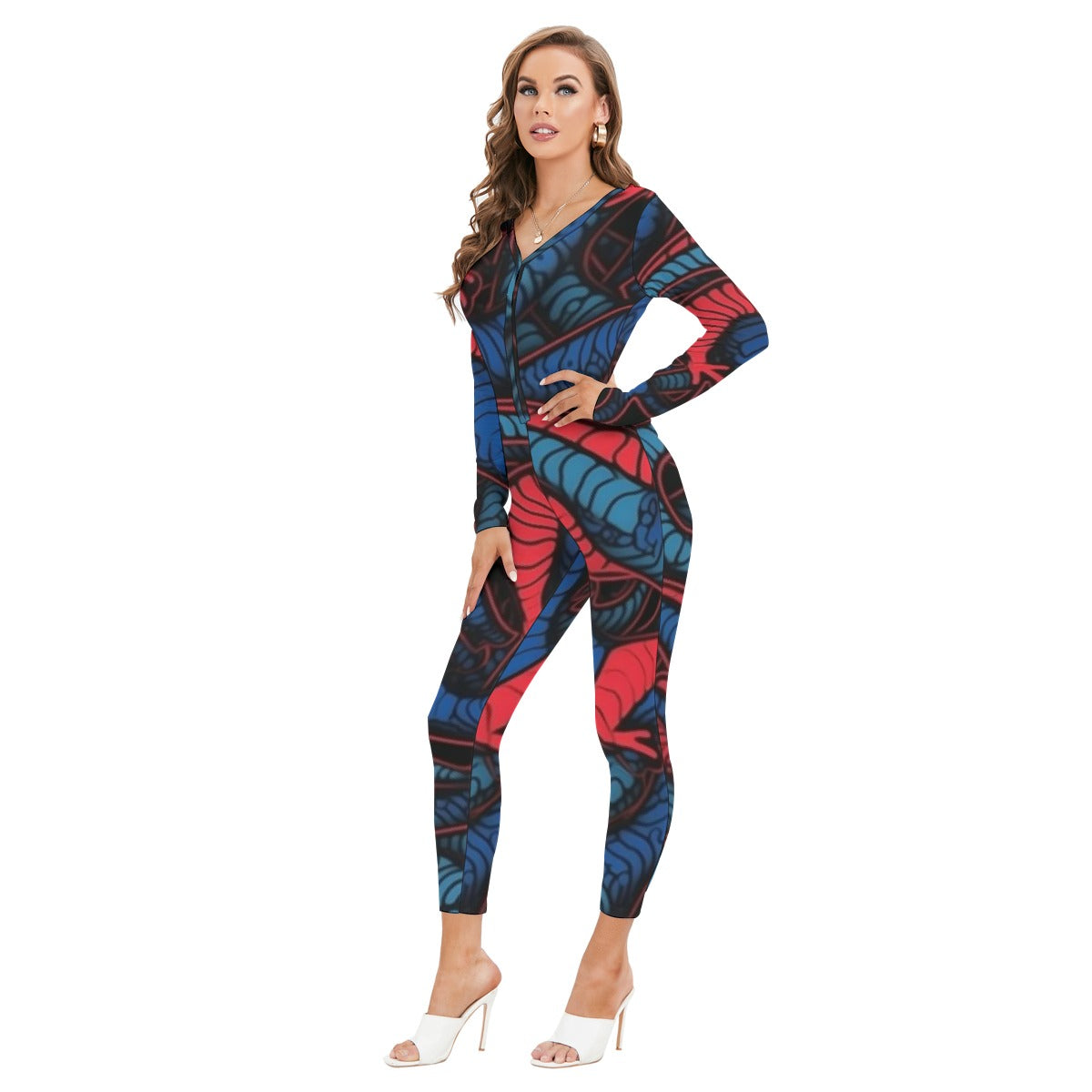 All-Over Print Women's Plunging Neck Jumpsuit