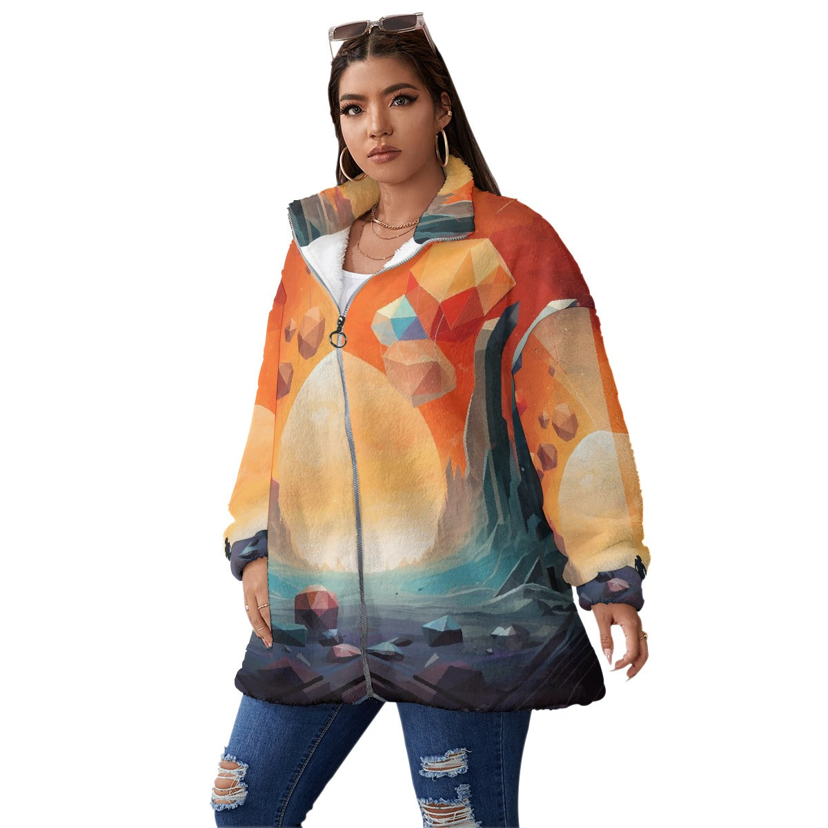 All-Over Print Unisex Borg Fleece Stand-up Collar Coat With Zipper Closure(Plus Size)