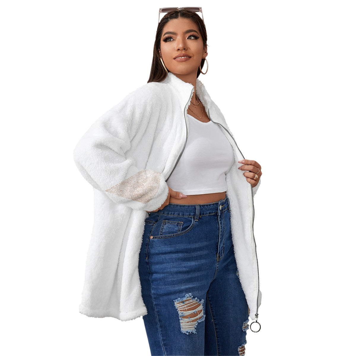 All-Over Print Unisex Borg Fleece Stand-up Collar Coat With Zipper Closure(Plus Size)