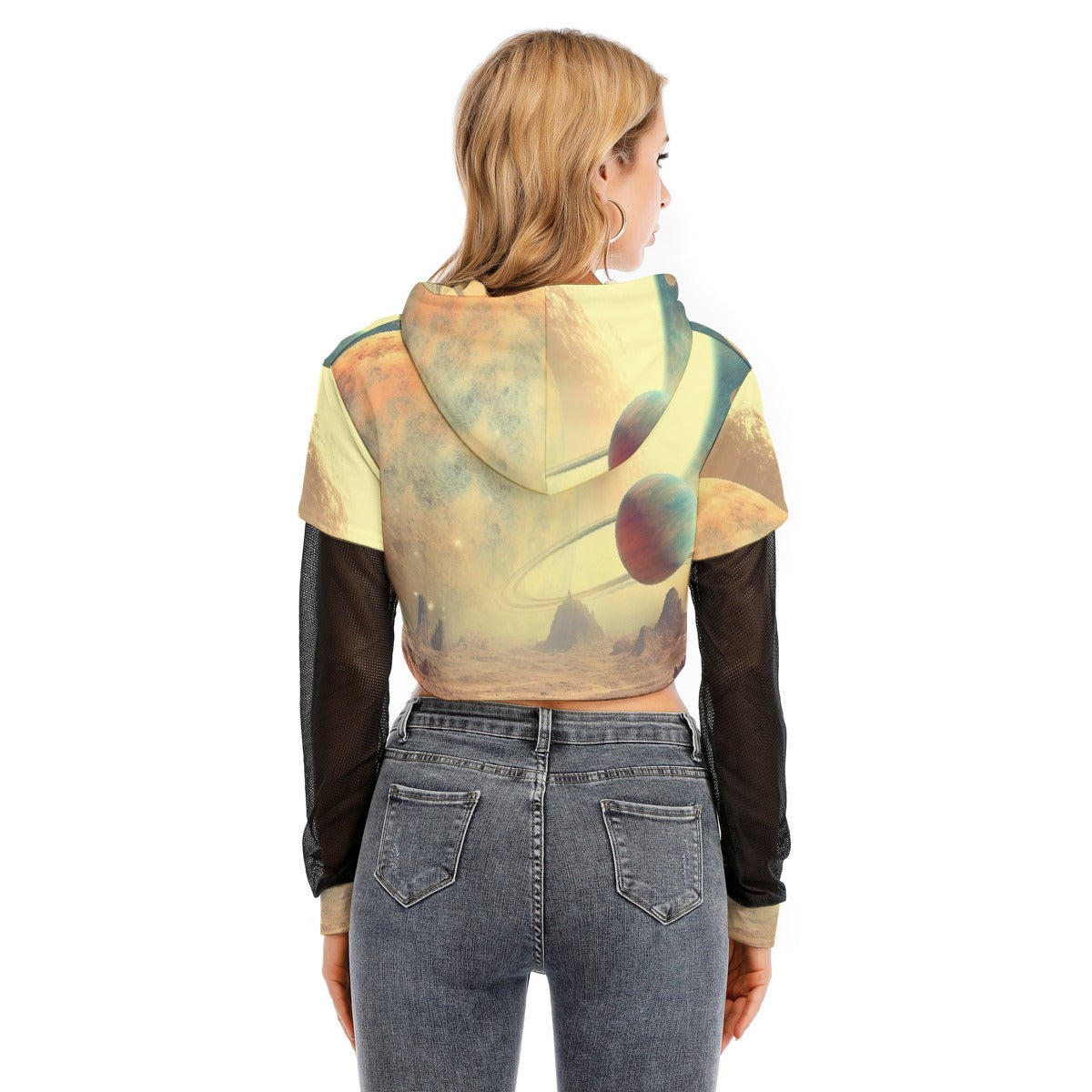 All-Over Print Women's Fake Two-piece Mesh Sleeve Cropped Hoodie