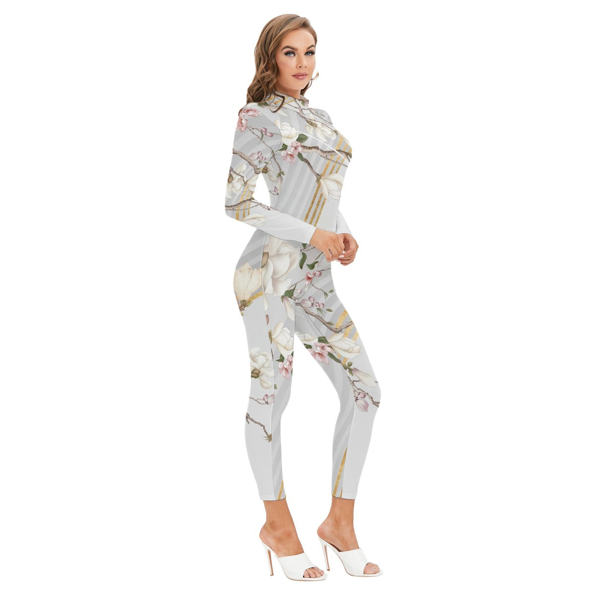 All-Over Print Women's Long-sleeved High-neck Jumpsuit With Zipper