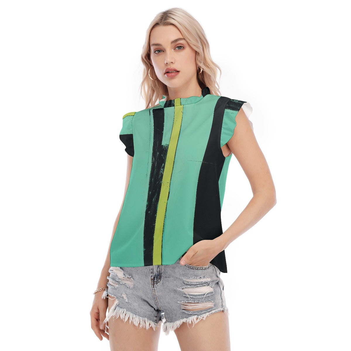 All-Over Print Women's Blouse With Ruffle Collar And Sleeve