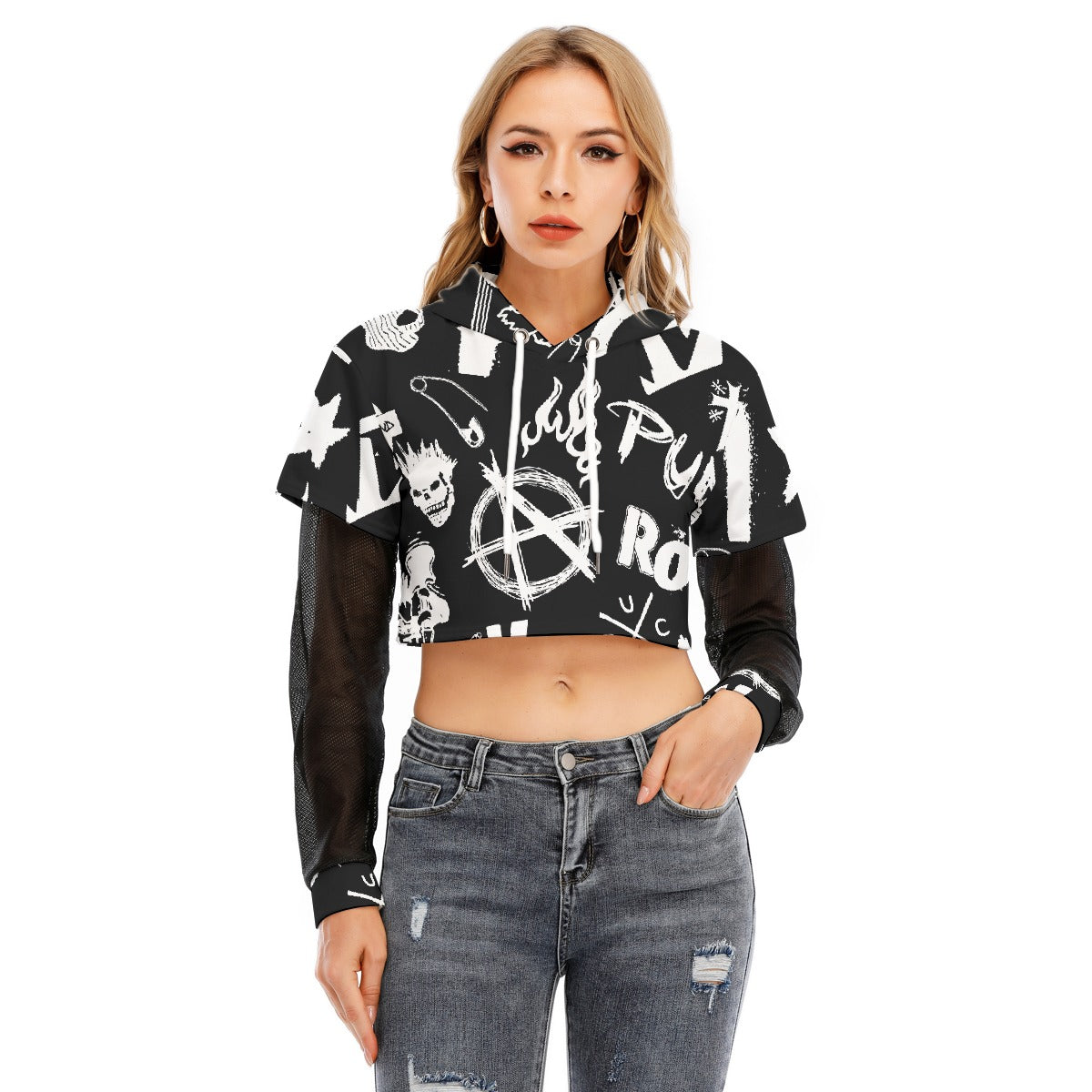 All-Over Print Women's Fake Two-piece Mesh Sleeve Cropped Hoodie