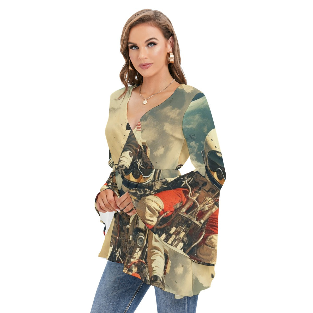 All-Over Print Women's V-neck Blouse With Flared Sleeves