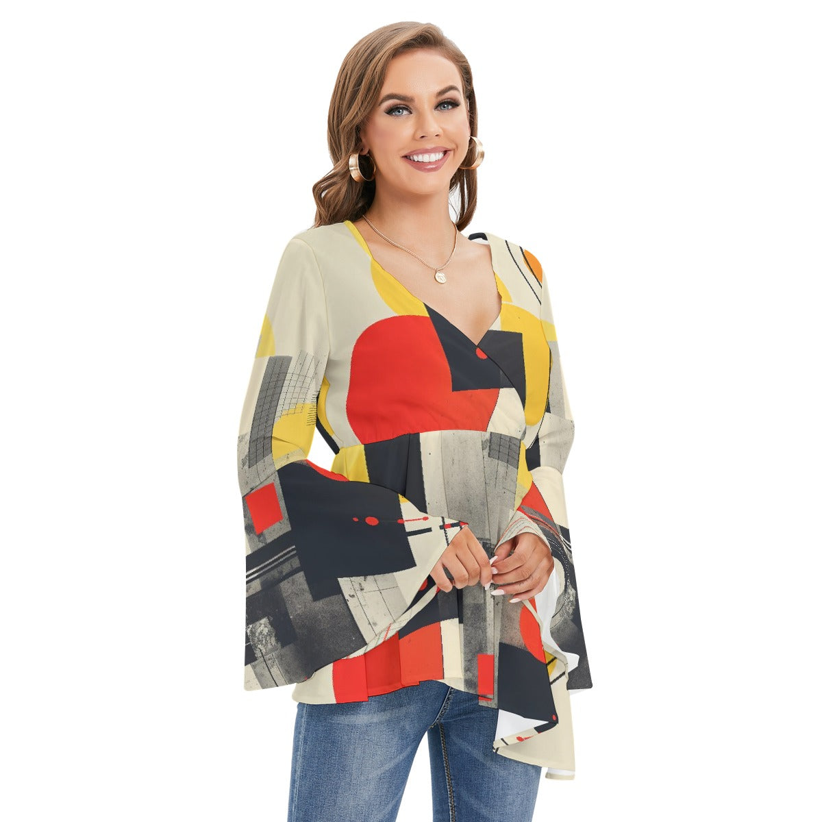 All-Over Print Women's V-neck Blouse With Flared Sleeves
