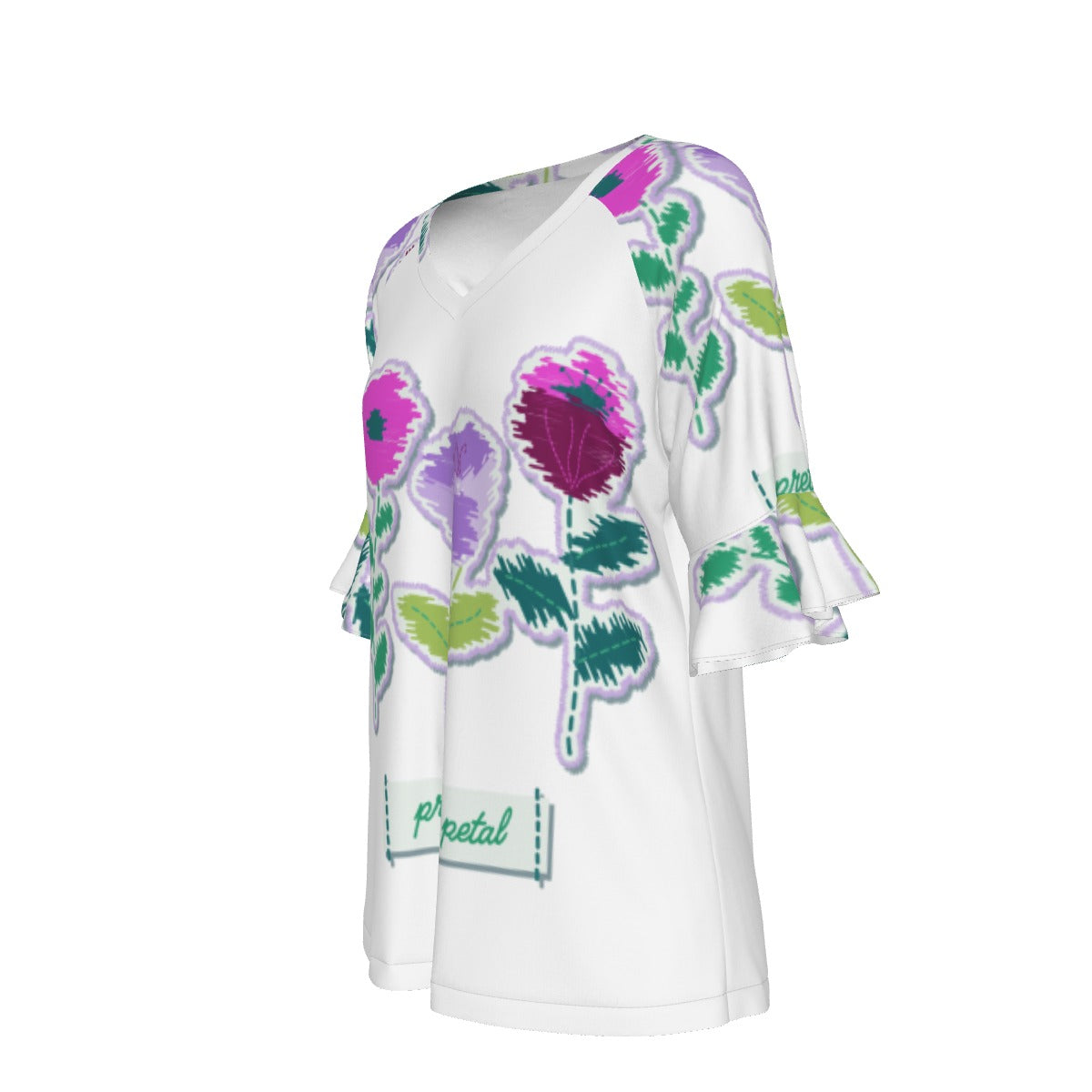 All-Over Print V-neck Women's T-shirt With Bell Sleeve