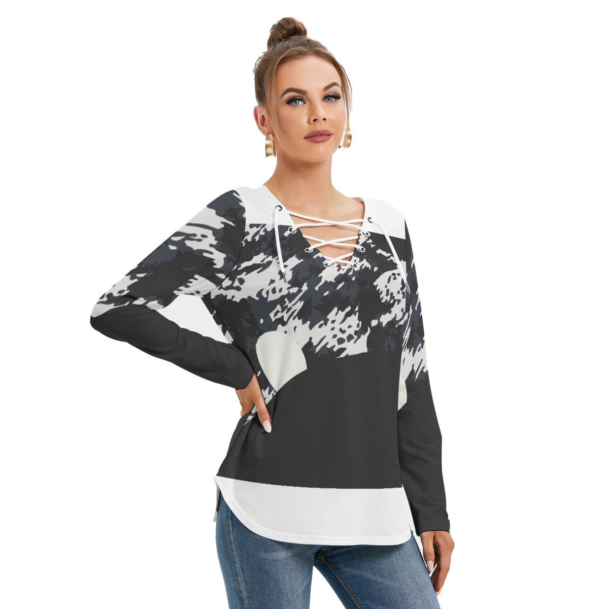 All-Over Print Women's Long Sleeve Neckline Tie Sweatshirt
