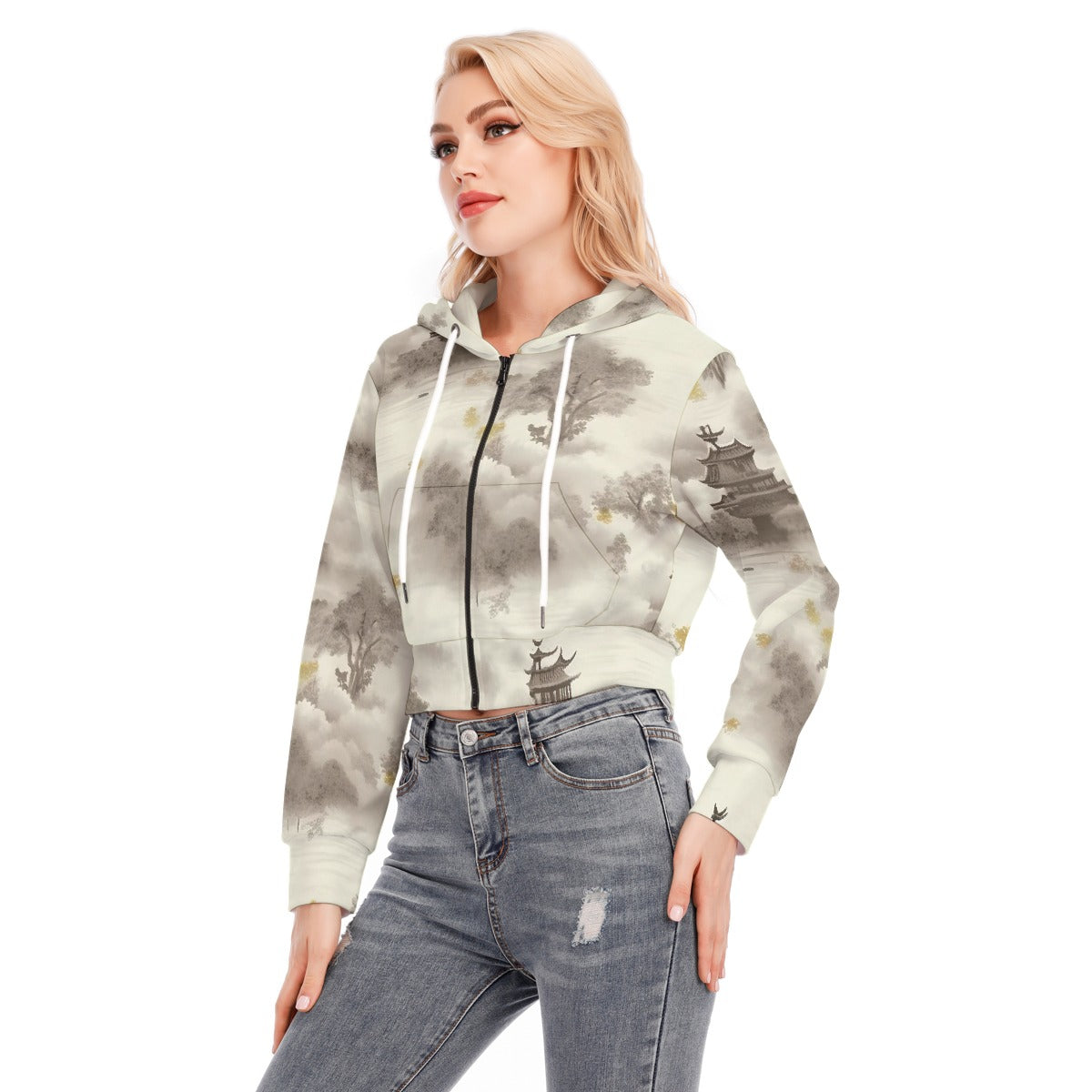 All-Over Print Women's Crop Top Hoodie With Zipper Closure