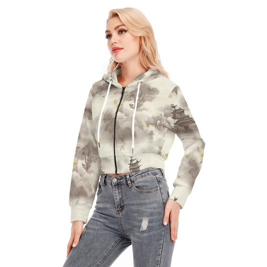 All-Over Print Women's Crop Top Hoodie With Zipper Closure