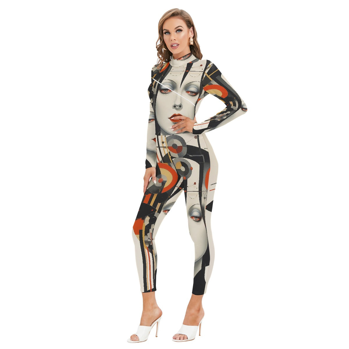All-Over Print Women's Long-sleeved High-neck Jumpsuit With Zipper