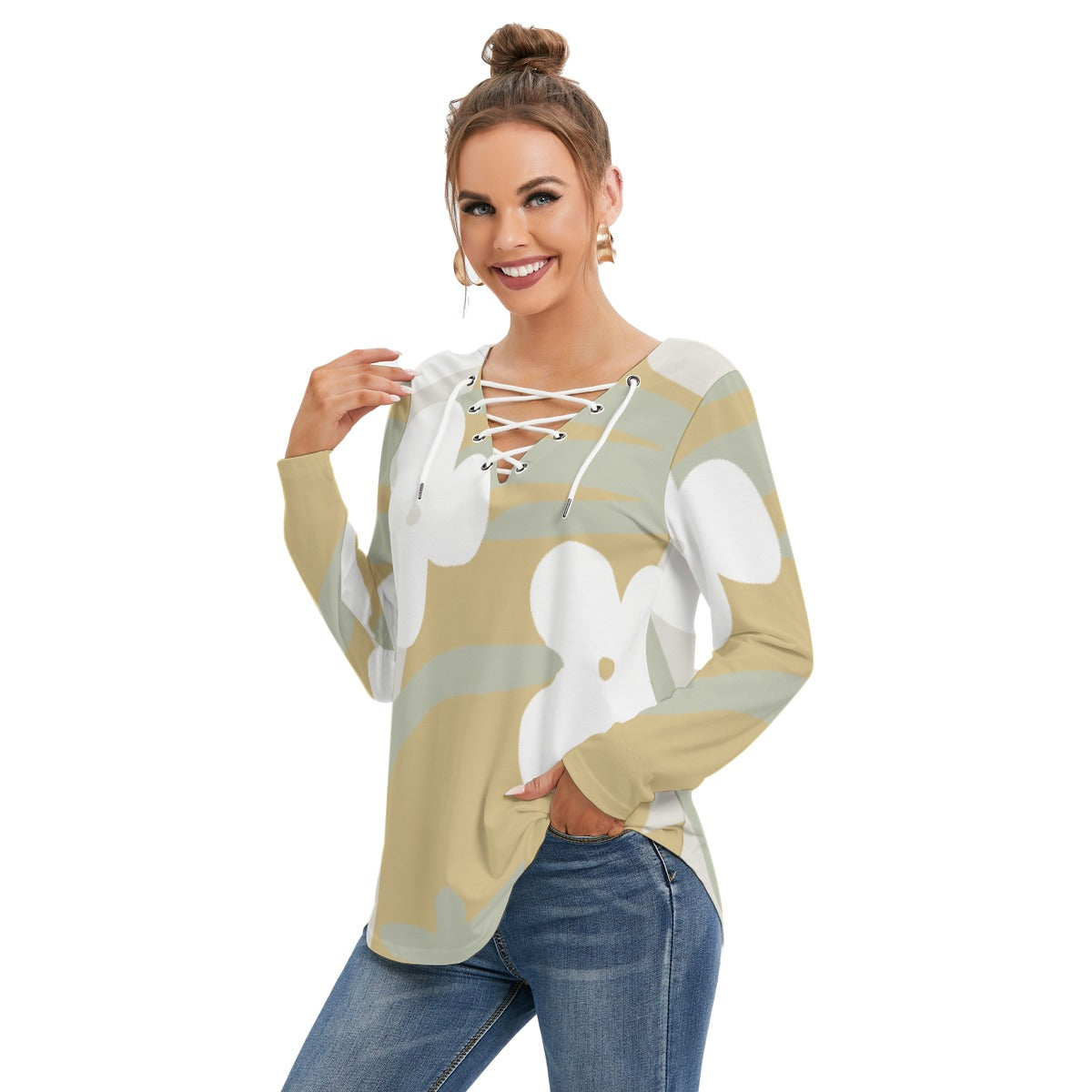 All-Over Print Women's Long Sleeve Neckline Tie Sweatshirt