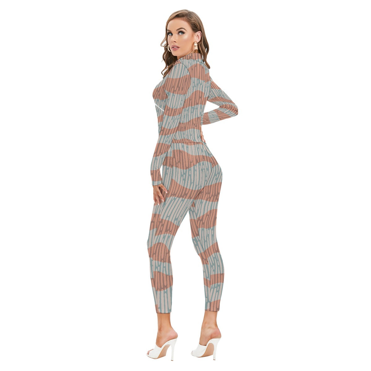 All-Over Print Women's Long-sleeved High-neck Jumpsuit With Zipper