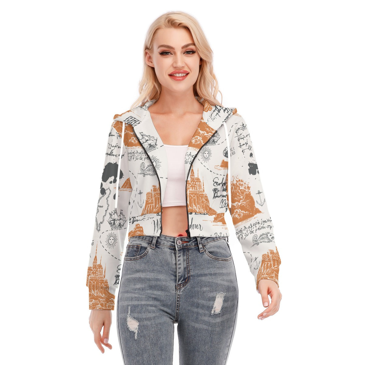 All-Over Print Women's Crop Top Hoodie With Zipper Closure