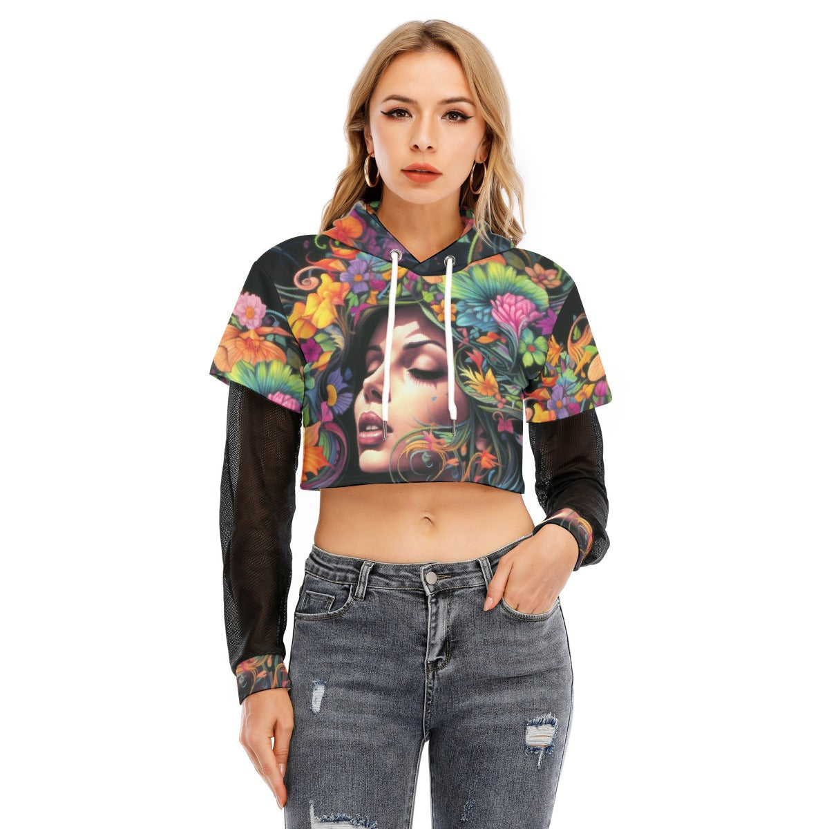 All-Over Print Women's Fake Two-piece Mesh Sleeve Cropped Hoodie
