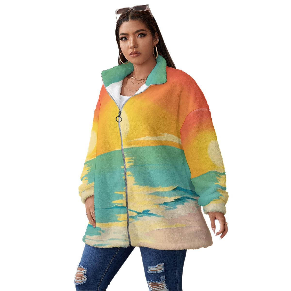 All-Over Print Unisex Borg Fleece Stand-up Collar Coat With Zipper Closure(Plus Size)