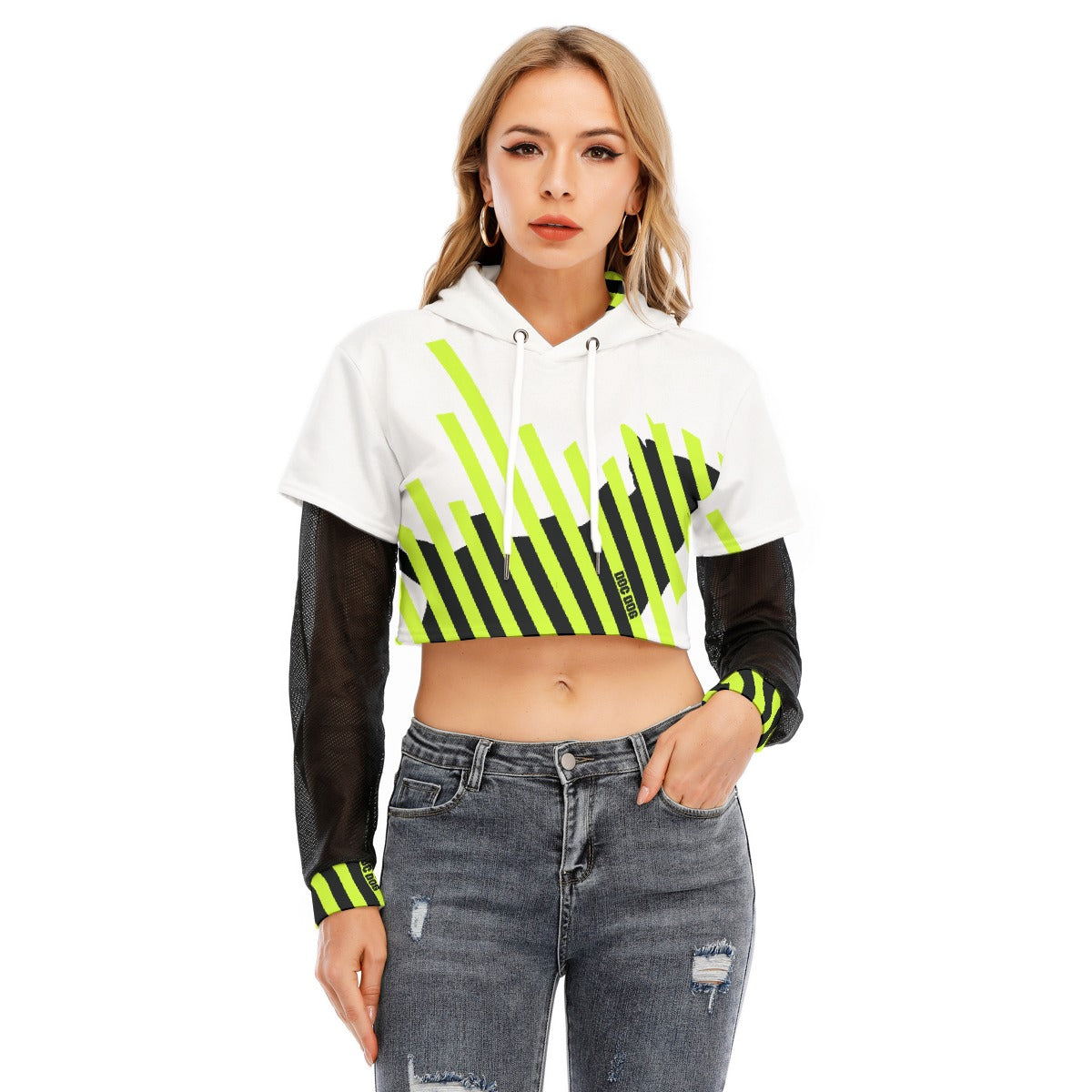 All-Over Print Women's Fake Two-piece Mesh Sleeve Cropped Hoodie