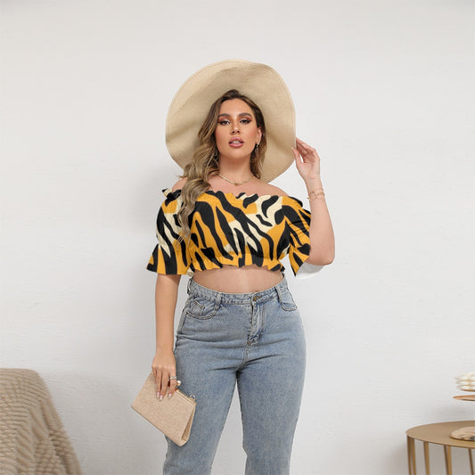 All-Over Print Women's Off-shoulder Cropped Top With Short Puff Sleeve
