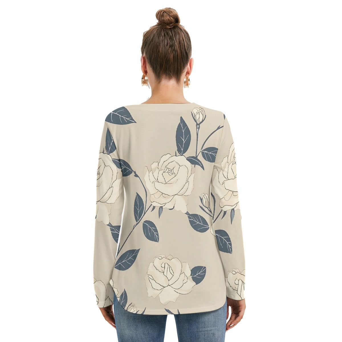 All-Over Print Women's Long Sleeve Neckline Tie Sweatshirt