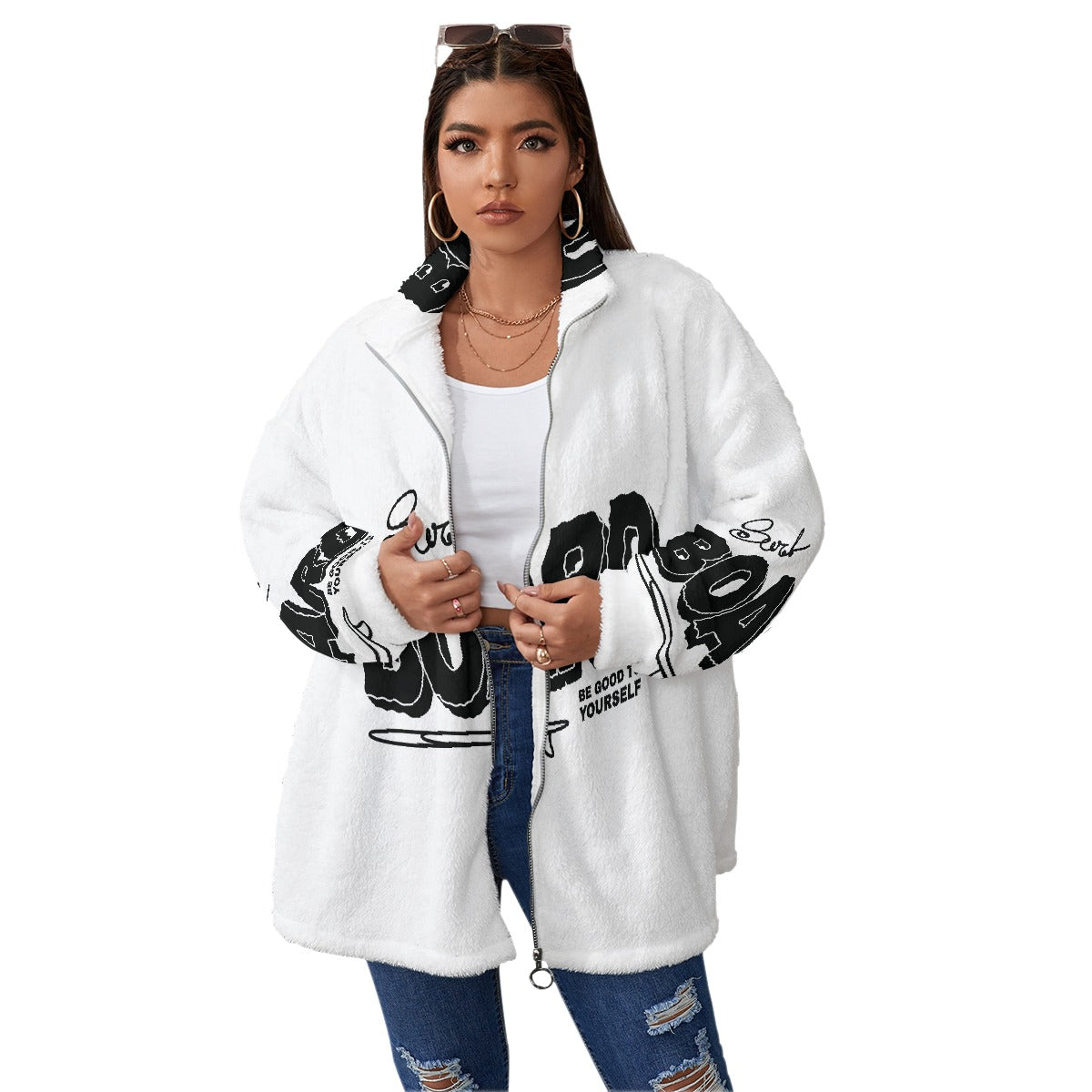 All-Over Print Unisex Borg Fleece Stand-up Collar Coat With Zipper Closure(Plus Size)