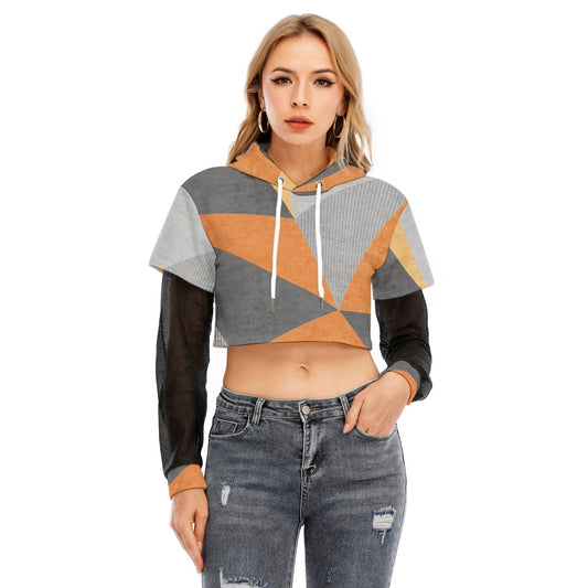 All-Over Print Women's Fake Two-piece Mesh Sleeve Cropped Hoodie