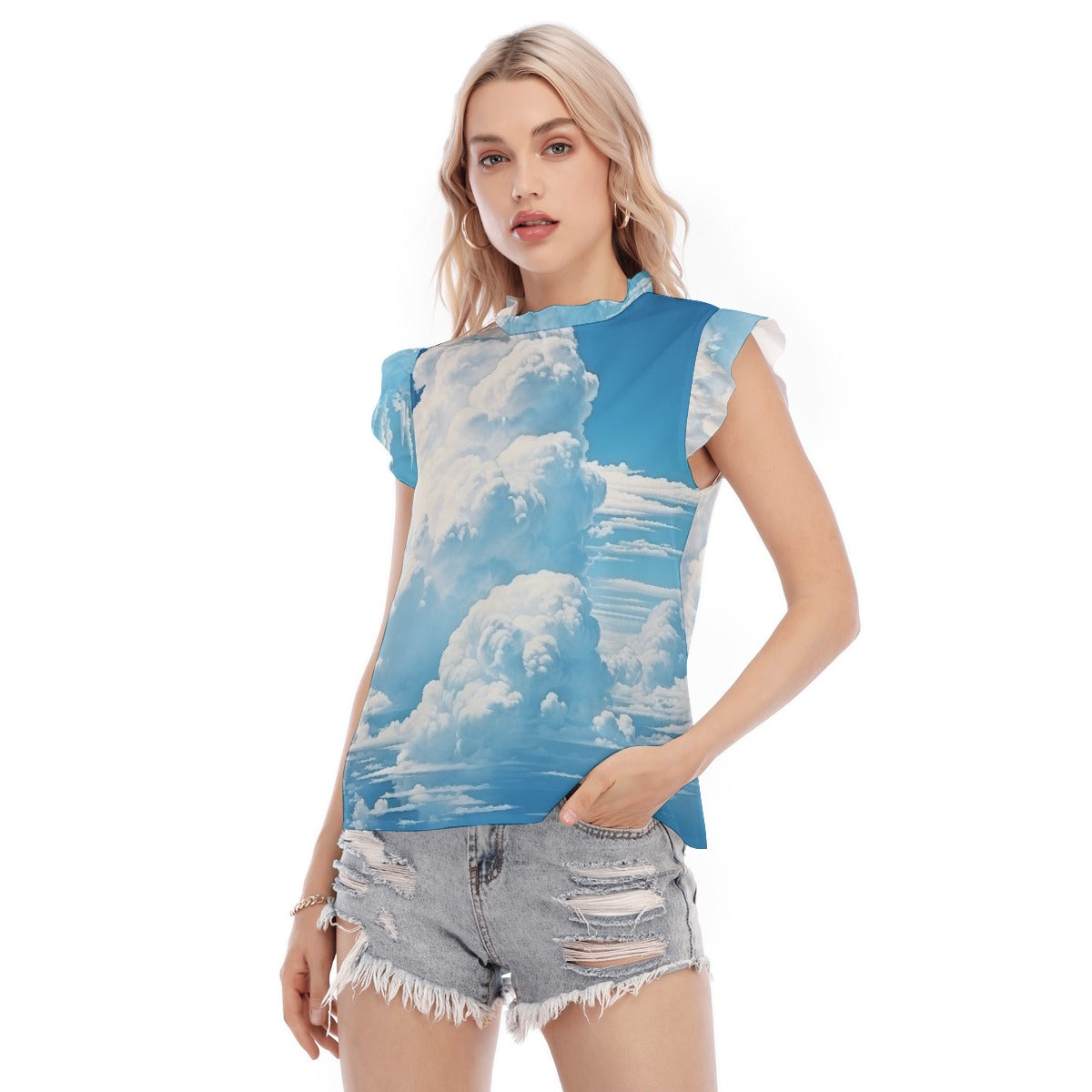 All-Over Print Women's Blouse With Ruffle Collar And Sleeve