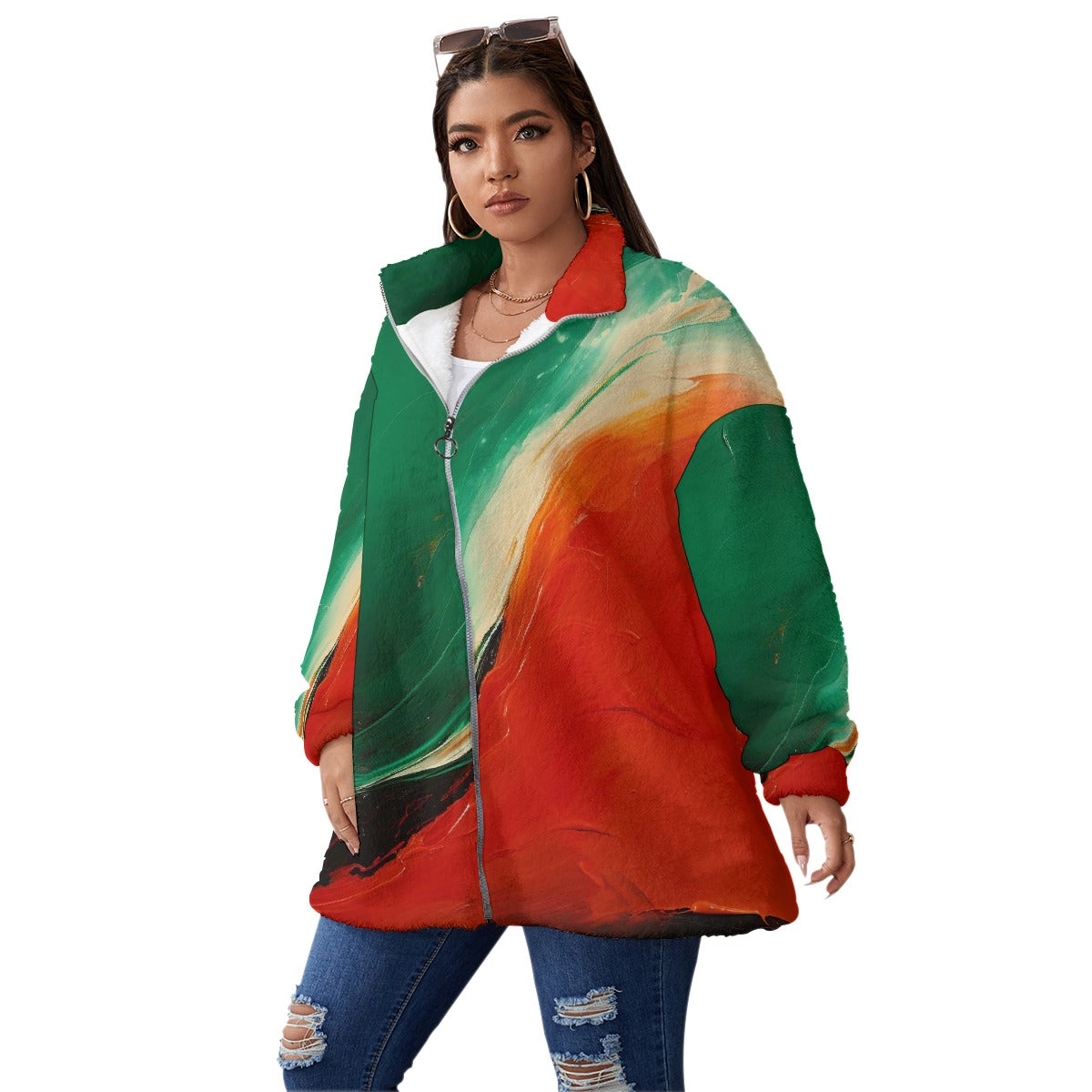 All-Over Print Unisex Borg Fleece Stand-up Collar Coat With Zipper Closure(Plus Size)