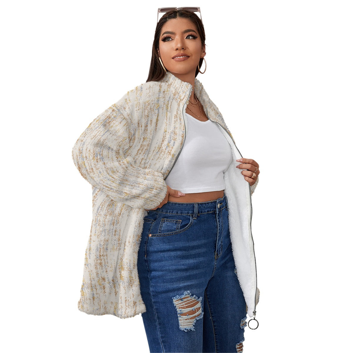 All-Over Print Unisex Borg Fleece Stand-up Collar Coat With Zipper Closure(Plus Size)