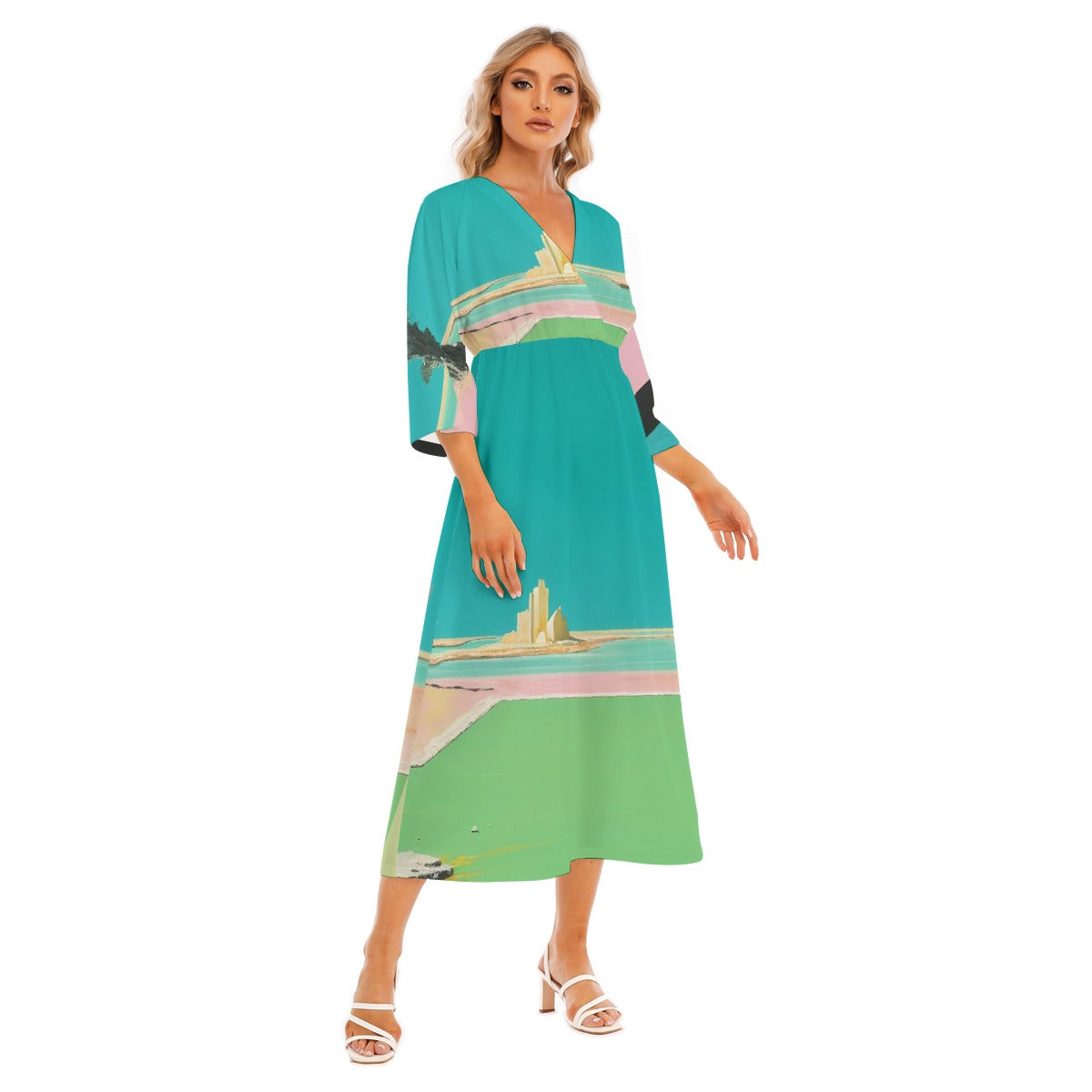 All-Over Print Women's Mid-Sleeve Long Dress