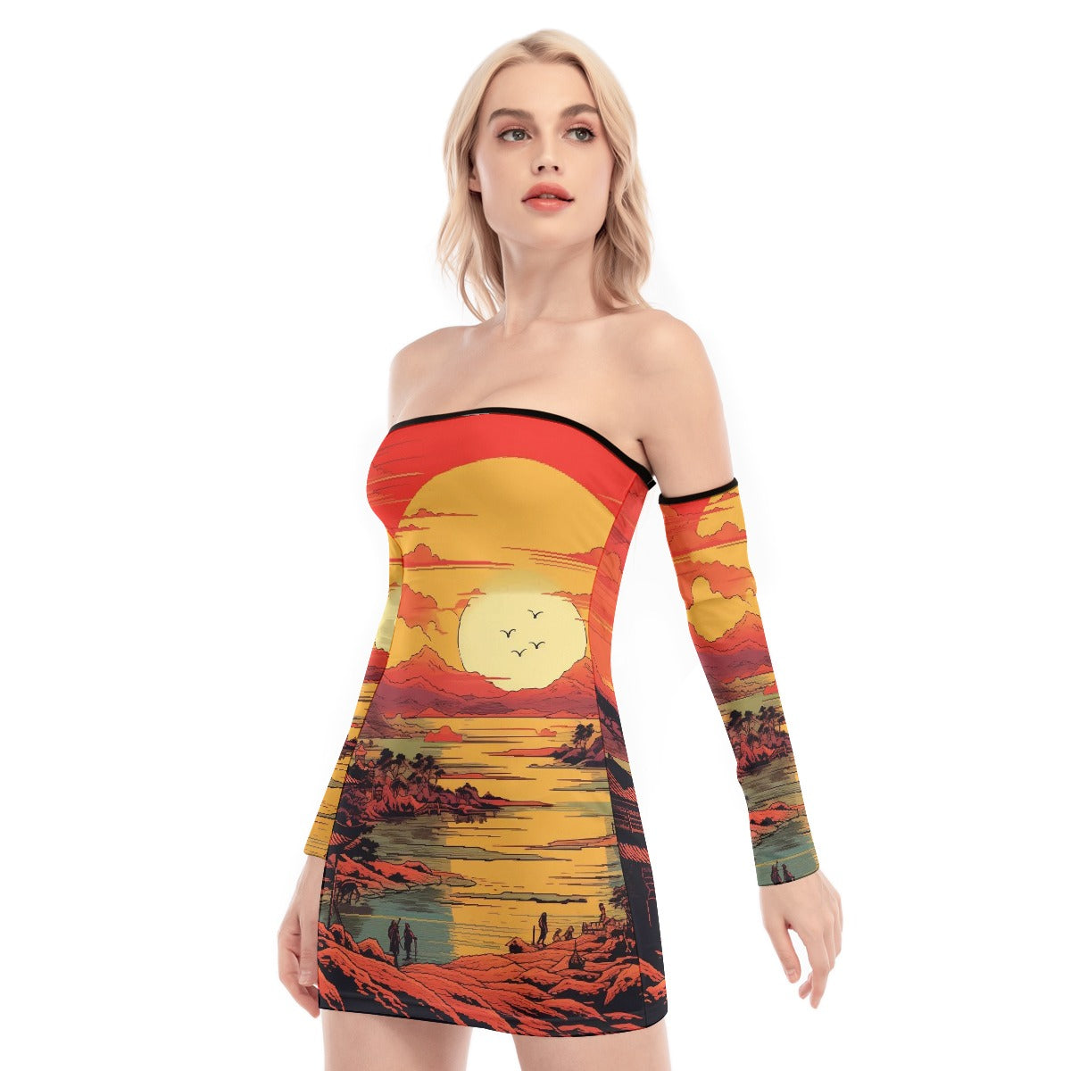 All-Over Print Women's Off-shoulder Back Lace-up Dress