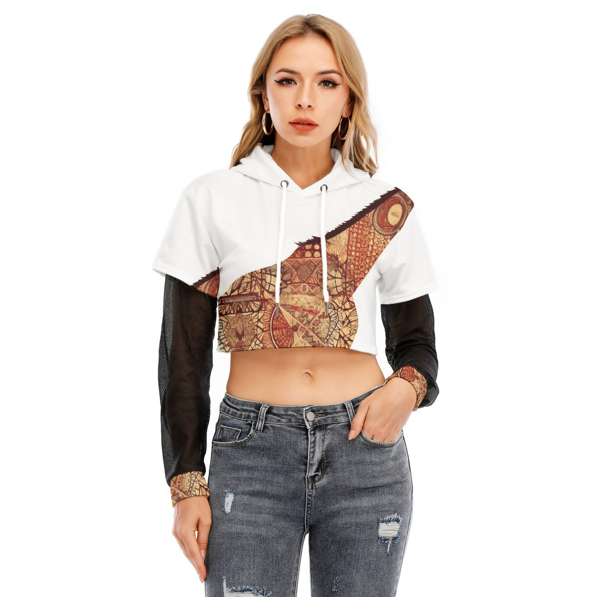 All-Over Print Women's Fake Two-piece Mesh Sleeve Cropped Hoodie