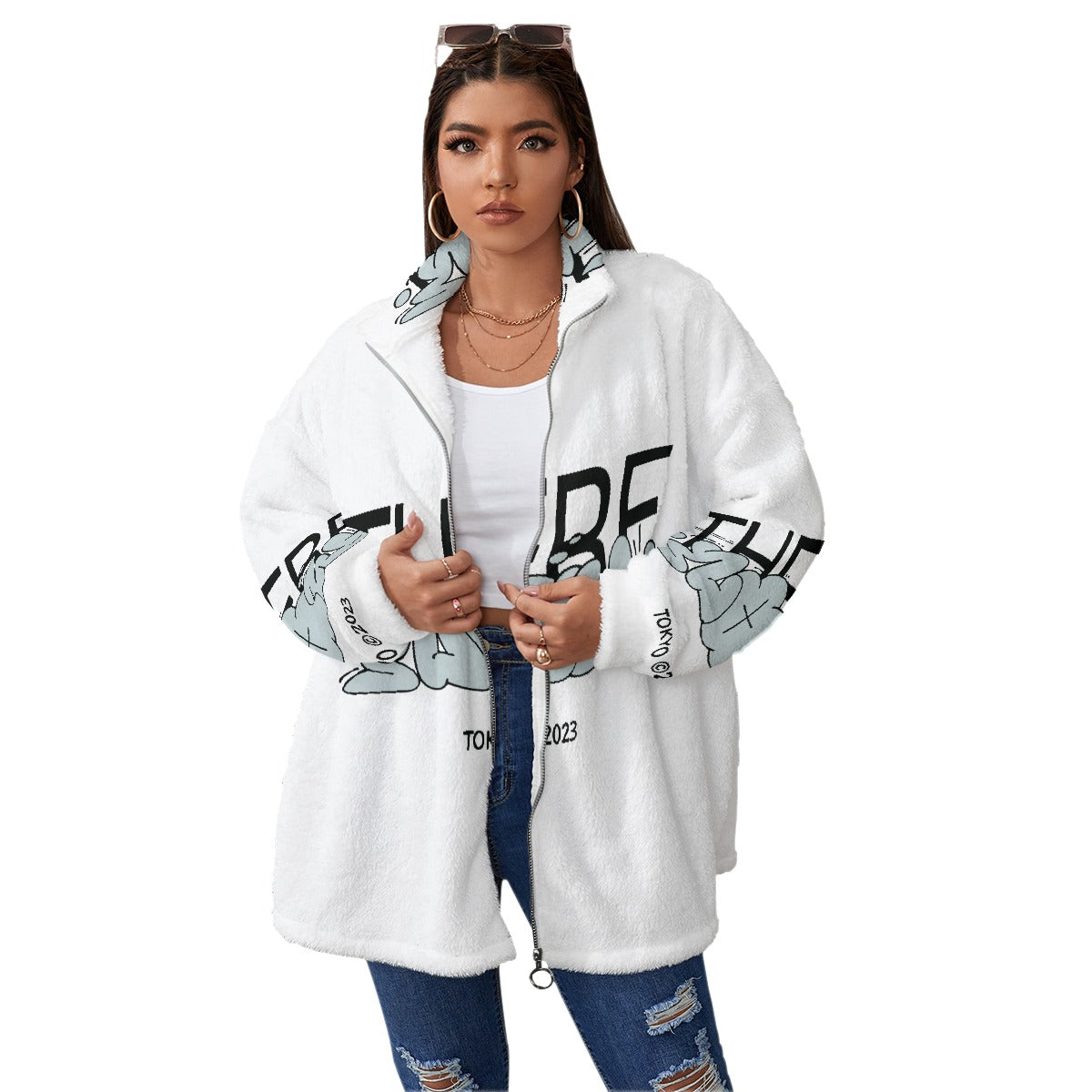 All-Over Print Unisex Borg Fleece Stand-up Collar Coat With Zipper Closure(Plus Size)