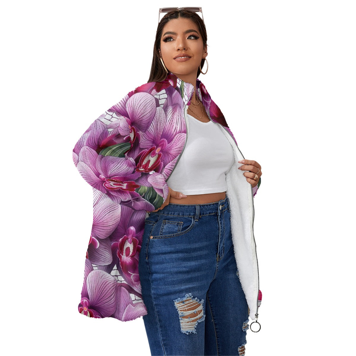 All-Over Print Unisex Borg Fleece Stand-up Collar Coat With Zipper Closure(Plus Size)