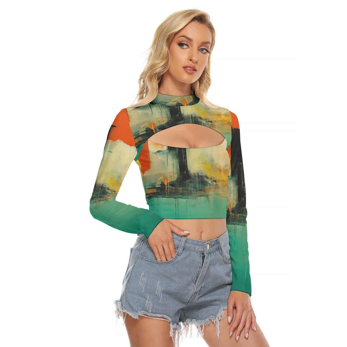 All-Over Print Women's Hollow Chest Keyhole Tight Crop Top