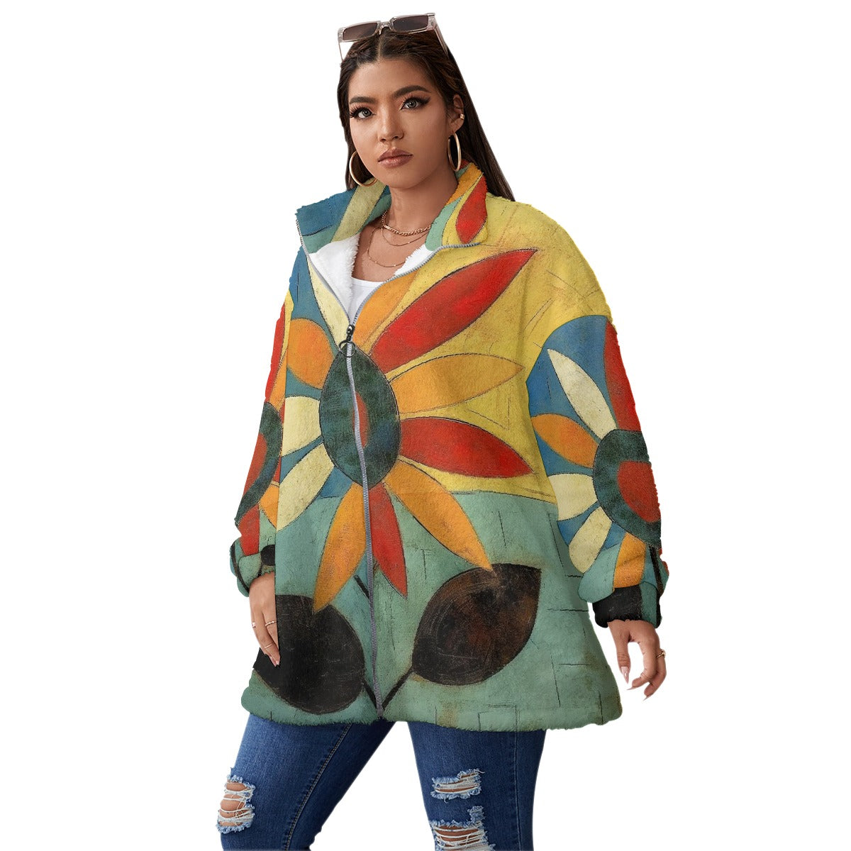 All-Over Print Unisex Borg Fleece Stand-up Collar Coat With Zipper Closure(Plus Size)