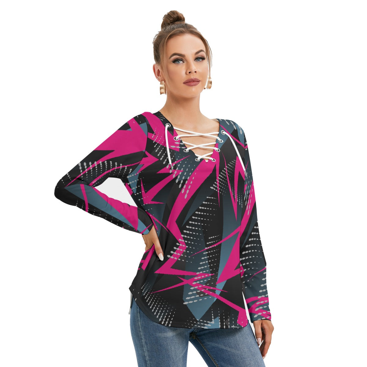 All-Over Print Women's Long Sleeve Neckline Tie Sweatshirt