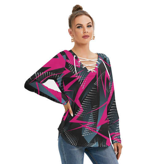 All-Over Print Women's Long Sleeve Neckline Tie Sweatshirt