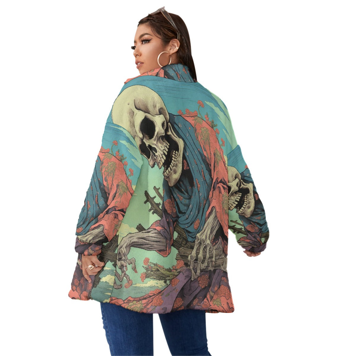 All-Over Print Unisex Borg Fleece Stand-up Collar Coat With Zipper Closure(Plus Size)