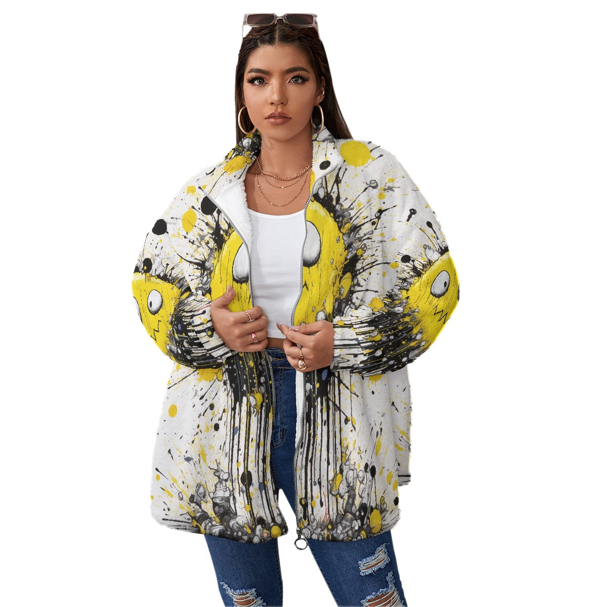 All-Over Print Unisex Borg Fleece Stand-up Collar Coat With Zipper Closure(Plus Size)
