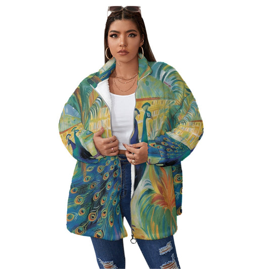 All-Over Print Unisex Borg Fleece Stand-up Collar Coat With Zipper Closure(Plus Size)