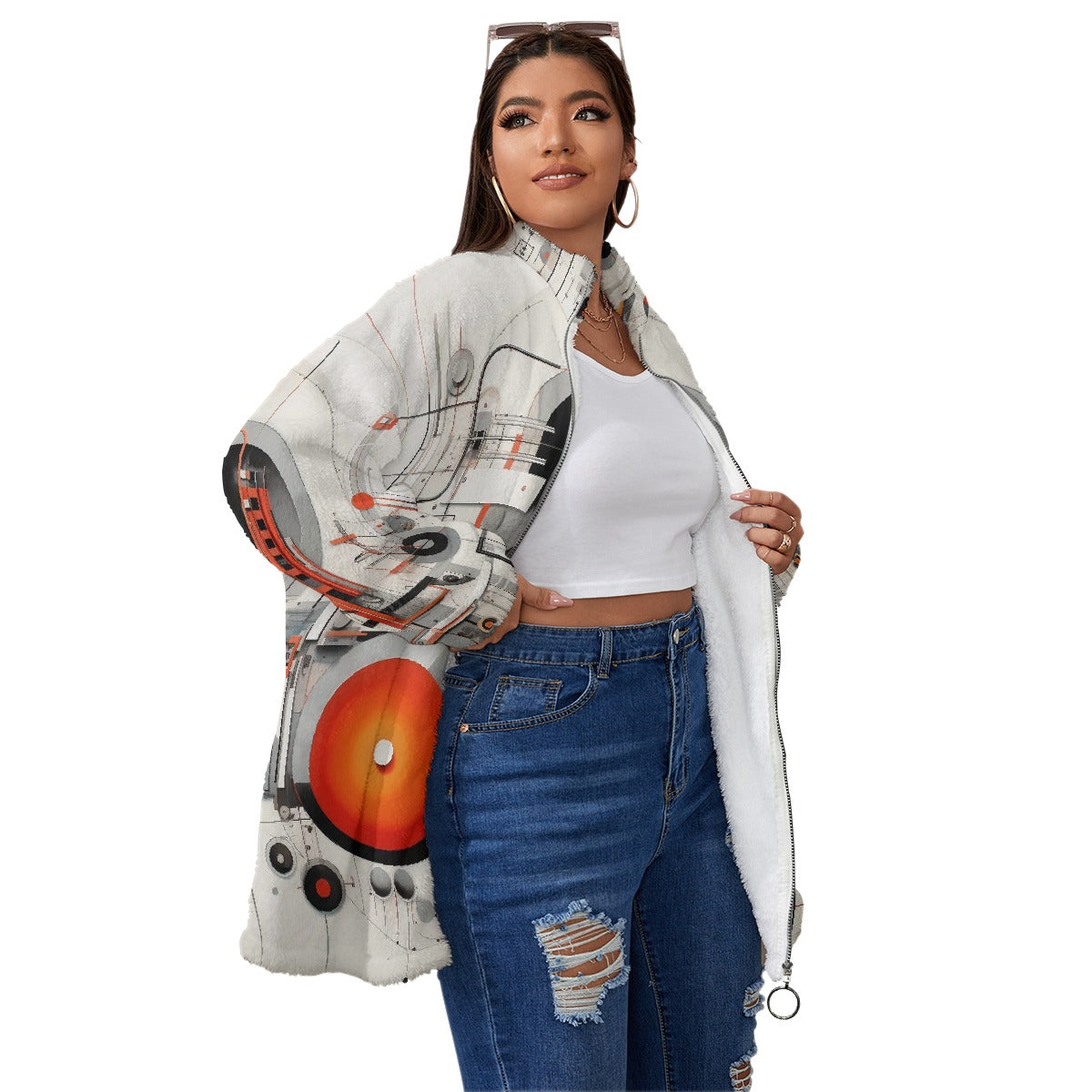 All-Over Print Unisex Borg Fleece Stand-up Collar Coat With Zipper Closure(Plus Size)