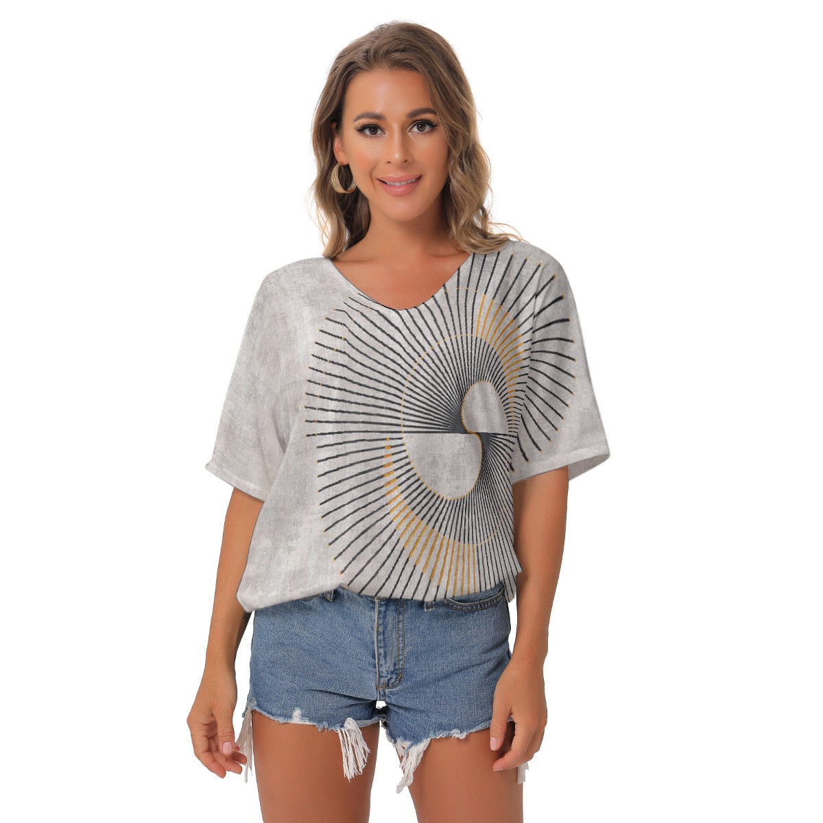 All-Over Print Women's Bat Sleeves V-Neck Blouse