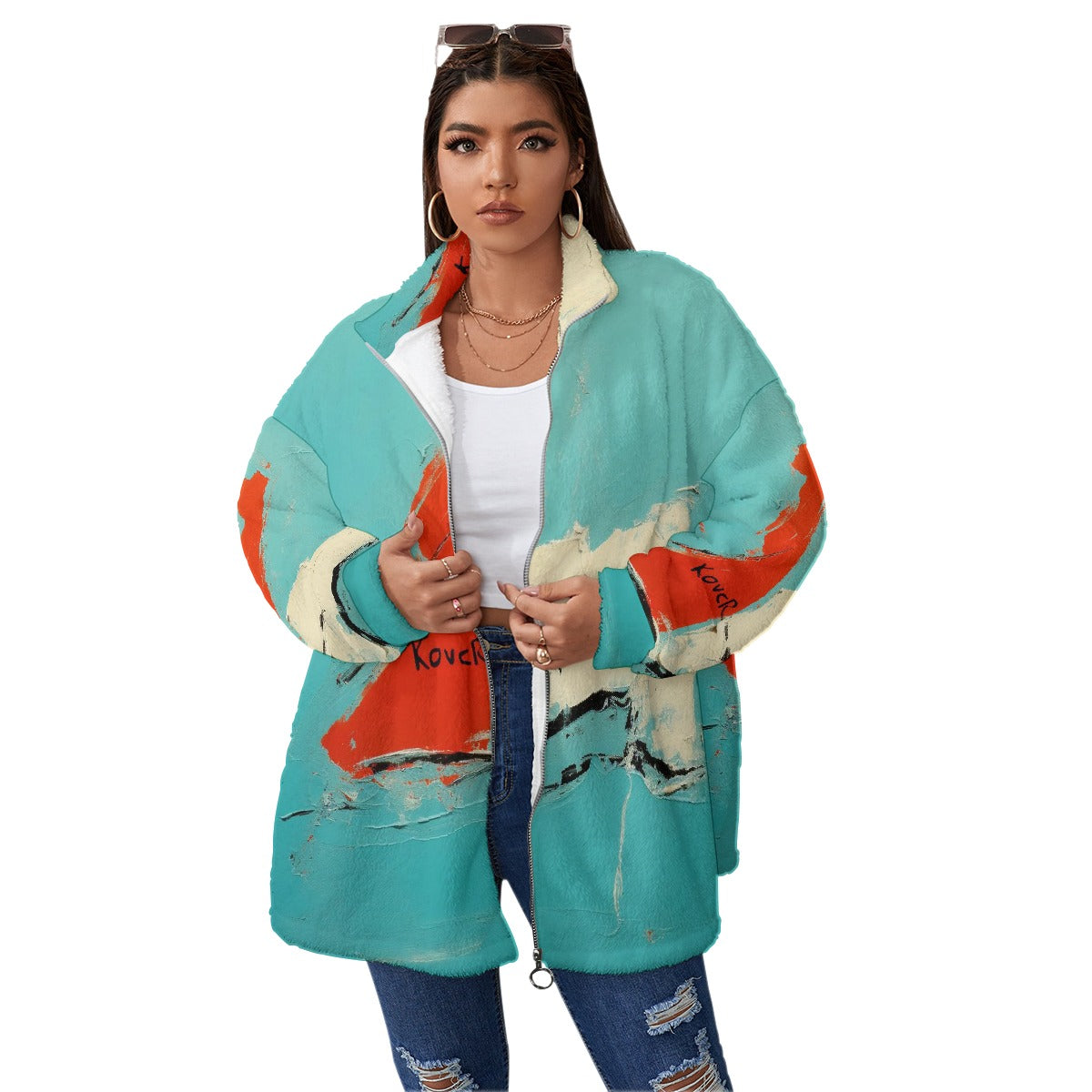 All-Over Print Unisex Borg Fleece Stand-up Collar Coat With Zipper Closure(Plus Size)