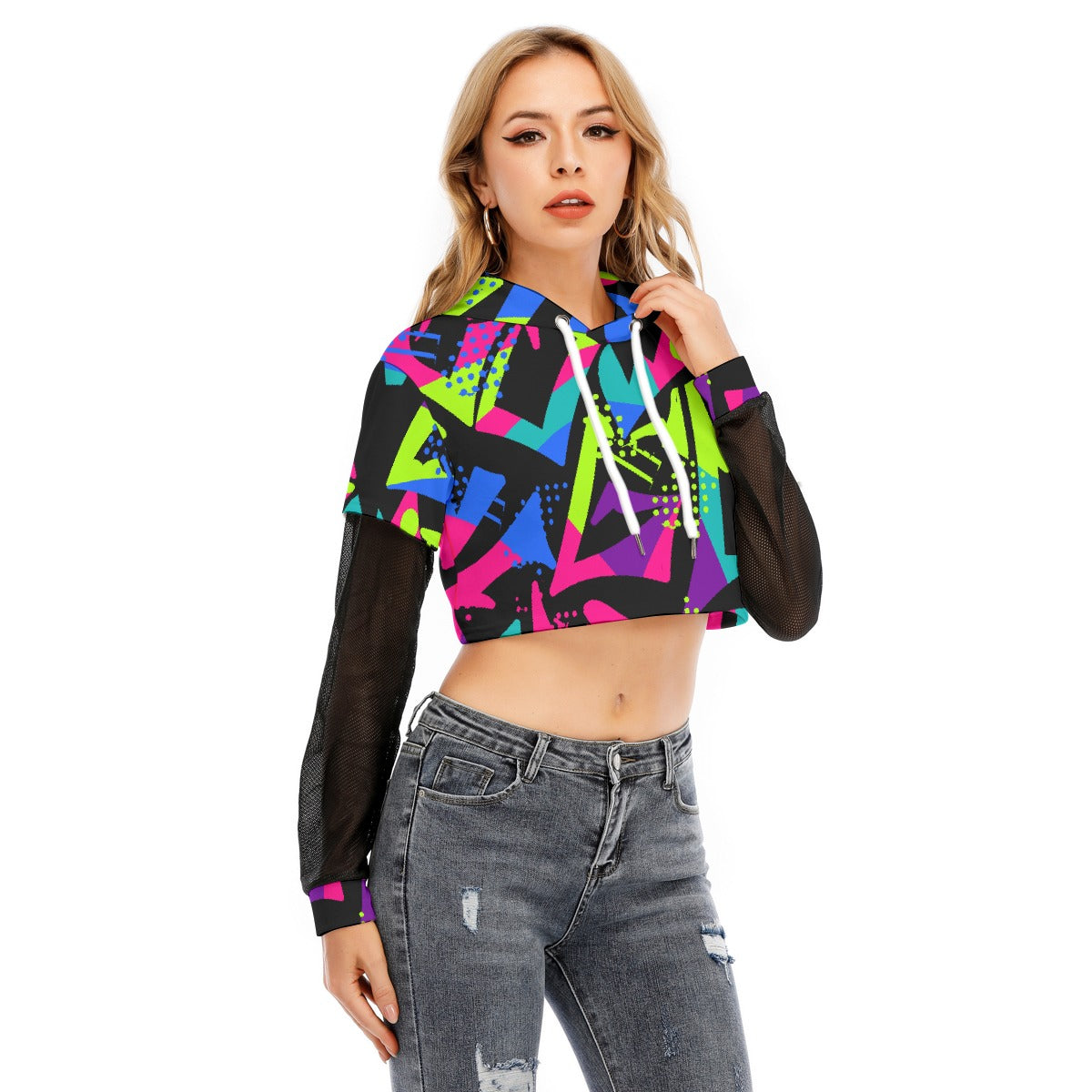 All-Over Print Women's Fake Two-piece Mesh Sleeve Cropped Hoodie