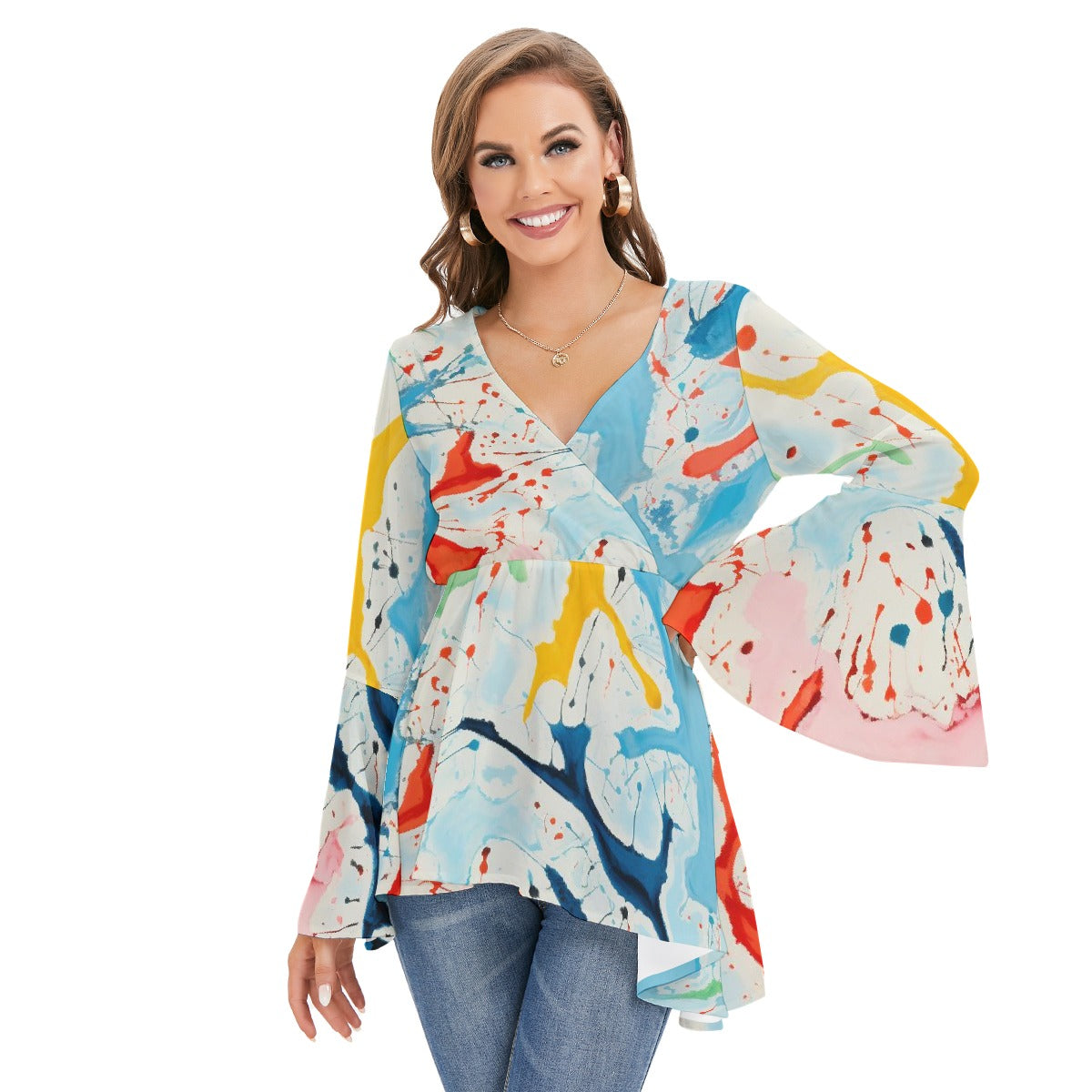 All-Over Print Women's V-neck Blouse With Flared Sleeves
